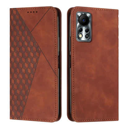 Brown magnetic leather phone case with diamond pattern front and raised camera module cutout