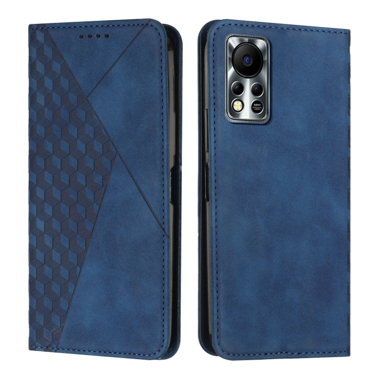 Blue leather phone case with diamond-pattern panel and magnetic closure