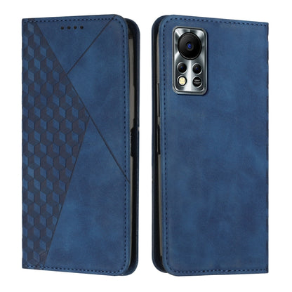 Blue leather phone case with diamond-pattern panel and magnetic closure