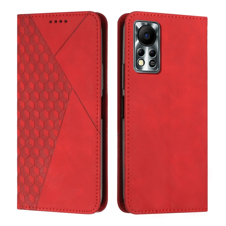Red leather phone case with diamond-pattern panel and magnetic closure back