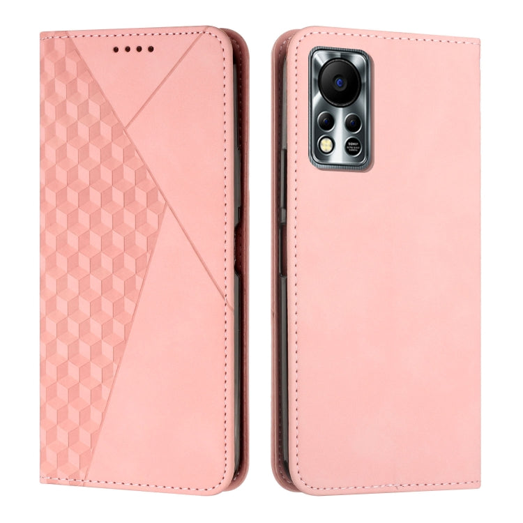 Rose pink diamond-pattern leather magnetic phone case with rear camera housing cutout