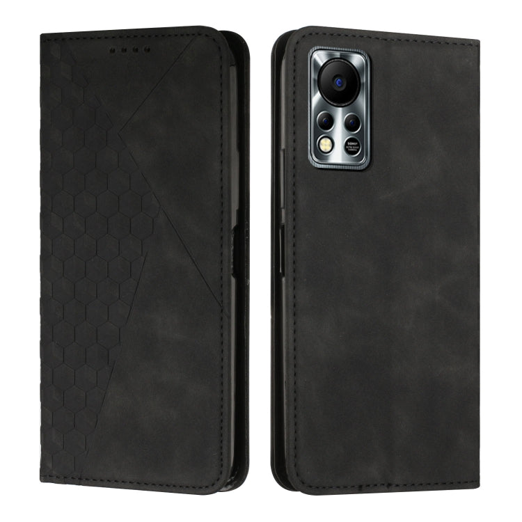 Magnetic leather phone case with diamond splicing, black finish, rear camera cutout with protective frame