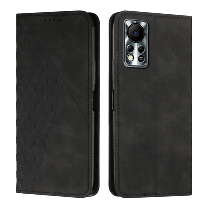 Magnetic leather phone case with diamond splicing, black finish, rear camera cutout with protective frame