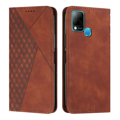 Brown magnetic leather phone case with diamond pattern front and side button cover on back