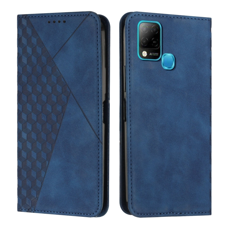 Blue leather phone case with diamond-pattern panel, camera cutout, and side key ring