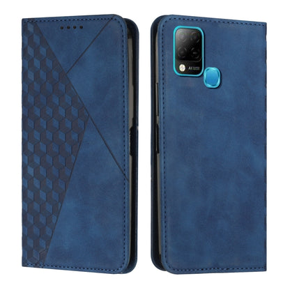Blue leather phone case with diamond-pattern panel, camera cutout, and side key ring