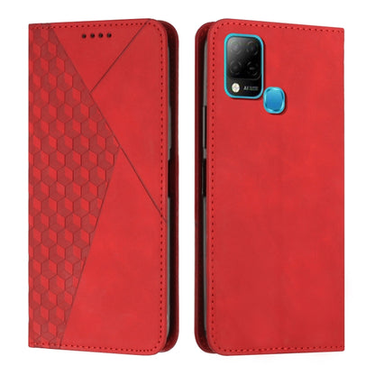 Red diamond-pattern leather magnetic phone case with card slots and camera cutout