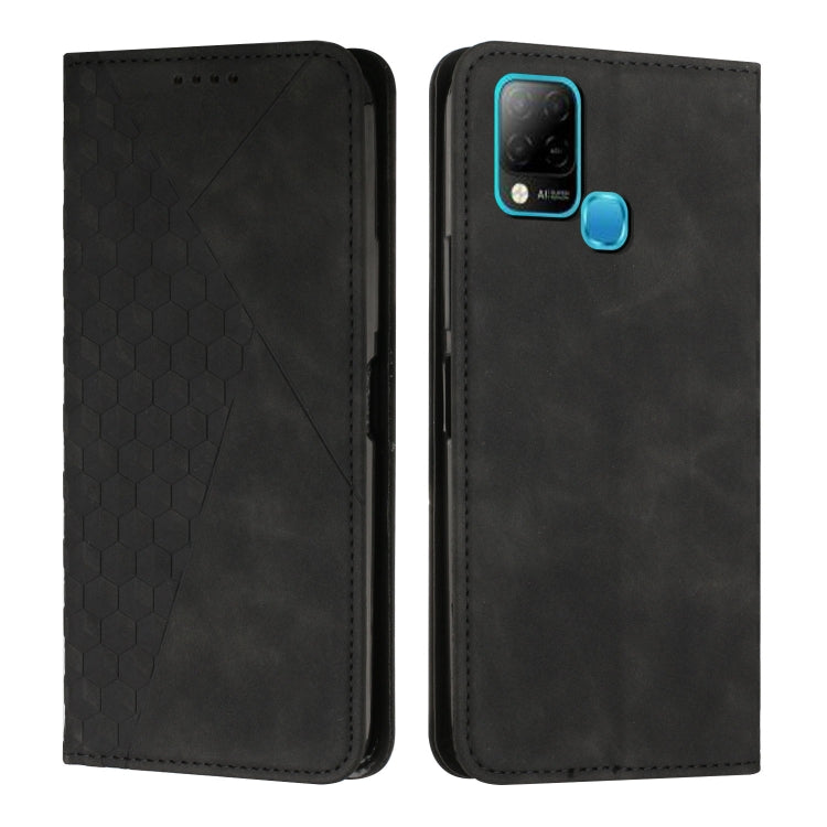 Magnetic leather phone case with diamond splicing, black finish, teal camera trim and round side button