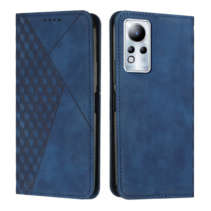 Blue leather phone case with diamond-pattern panel and visible rear camera cutout