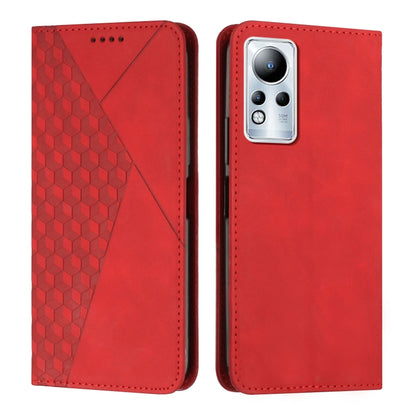 Red diamond-pattern leather magnetic phone case, rear camera cutout with flash