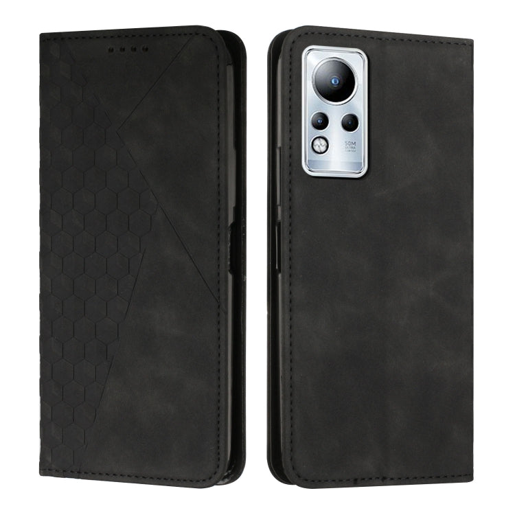Magnetic leather phone case with diamond splicing, black finish, silver rear camera cutout