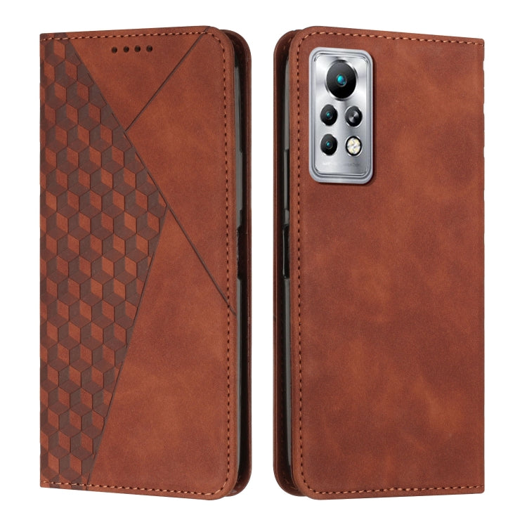 Brown magnetic leather phone case with diamond pattern front and multi-lens camera cutout