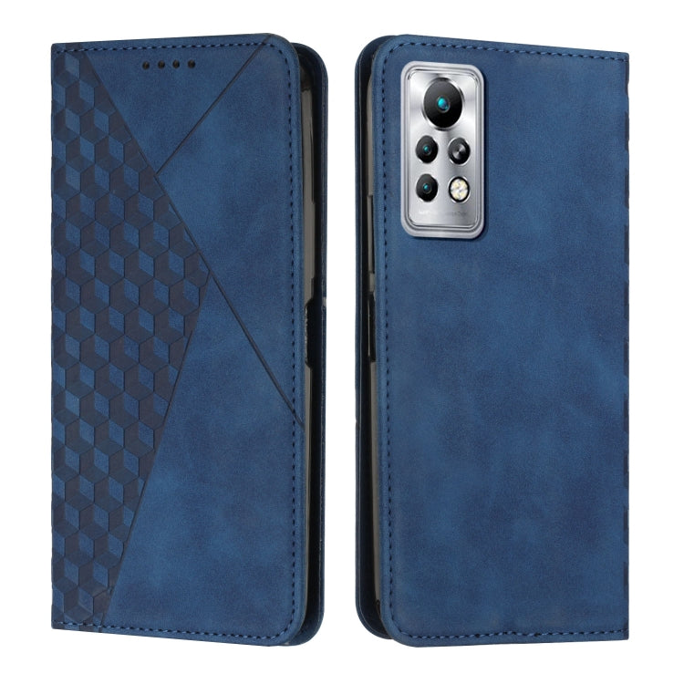 Blue leather phone case with diamond-pattern panel and rear camera window