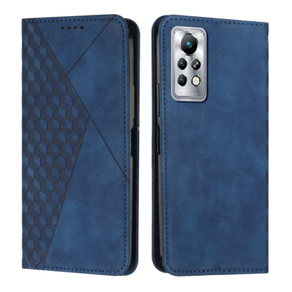 Blue leather phone case with diamond-pattern panel and rear camera window