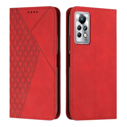 Red diamond-pattern leather magnetic phone case with rear camera housing cutout