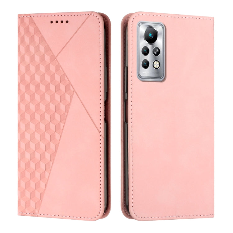 Magnetic leather phone case with diamond splicing, rose-pink finish, rear camera cutout and edges