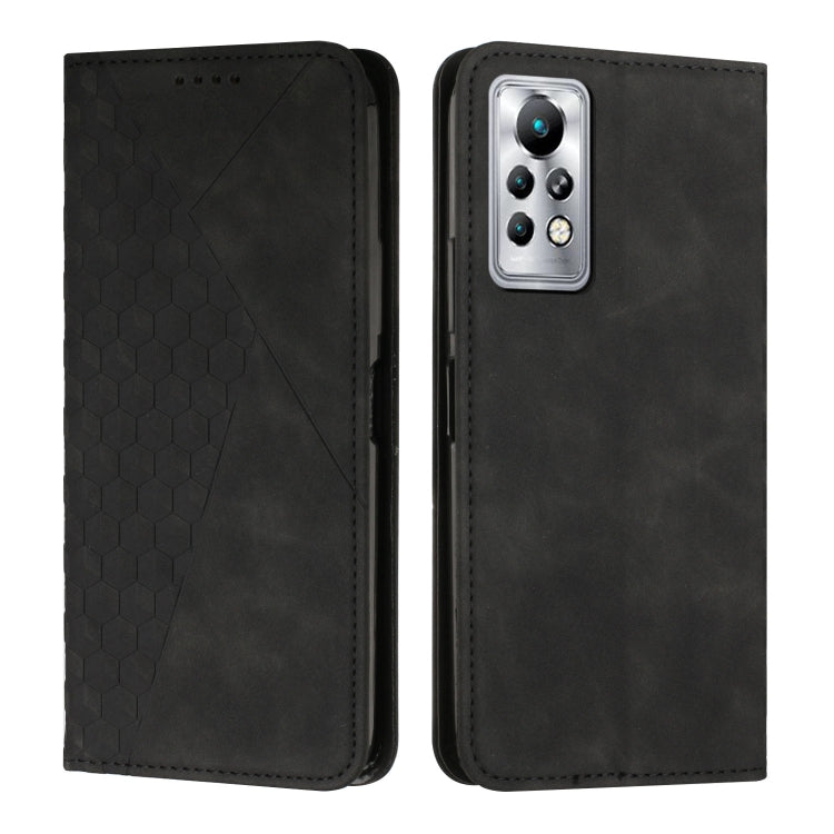 Black leather phone case with diamond pattern, side openings, and magnetic closure