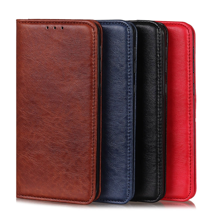 Crazy horse leather flip phone cases in brown, navy, black, and red