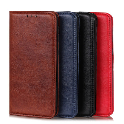 Crazy horse leather flip phone cases in brown, navy, black, and red