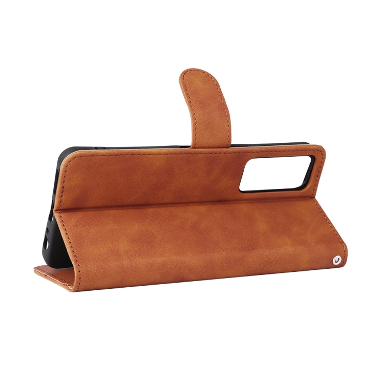Brown leather folio phone case with stand feature and side camera window.