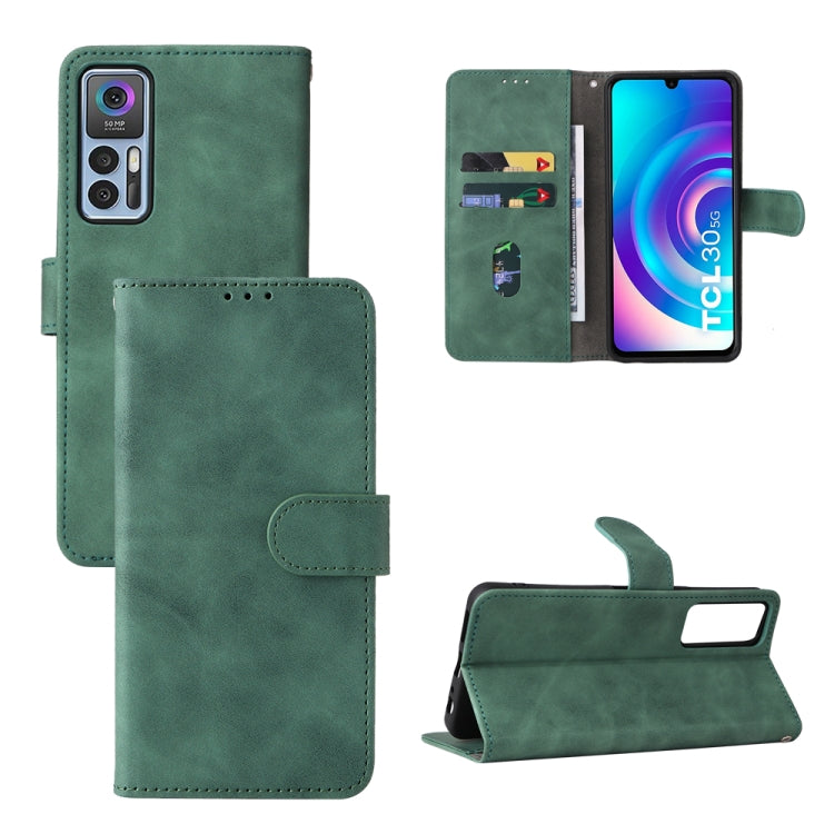 Green leather magnetic flip phone case with card slots and front camera cutout.
