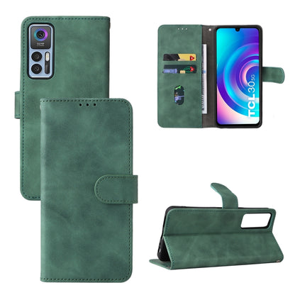 Green leather magnetic flip phone case with card slots and front camera cutout.