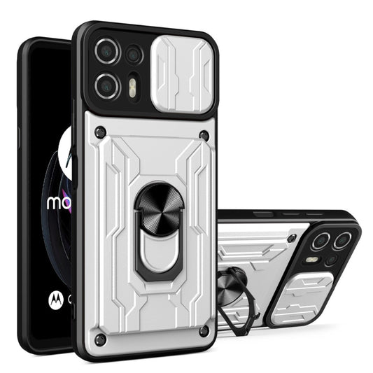 Sliding card phone case with ring stand, white/gray rugged armor design and camera covers