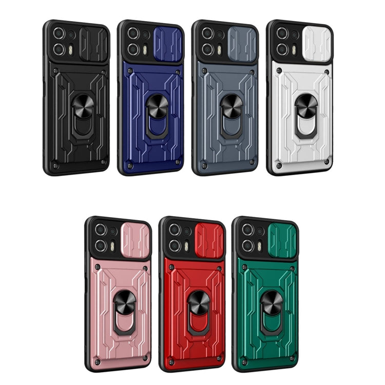 Rugged sliding card phone cases with ring stand in multiple colors: black, blue, gray, white