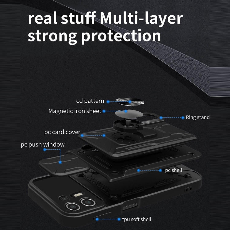Black rugged phone case with ring stand and card holder, layered protection design