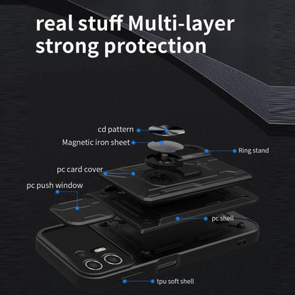 Black rugged phone case with ring stand and card holder, layered protection design