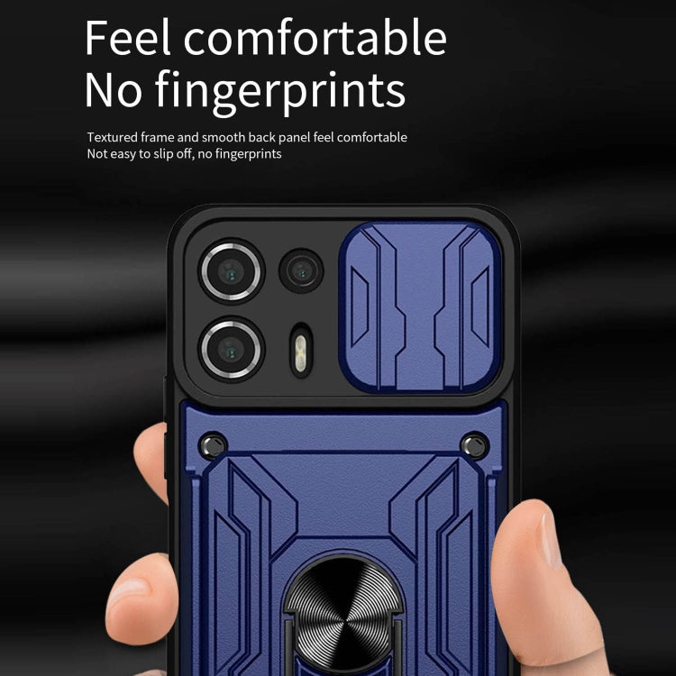 Blue and black rugged phone case with ring stand, textured frame, smooth back panel