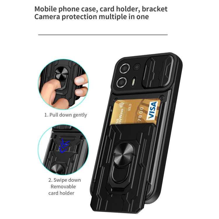 Black sliding card holder phone case with ring stand, pull-down card cover design