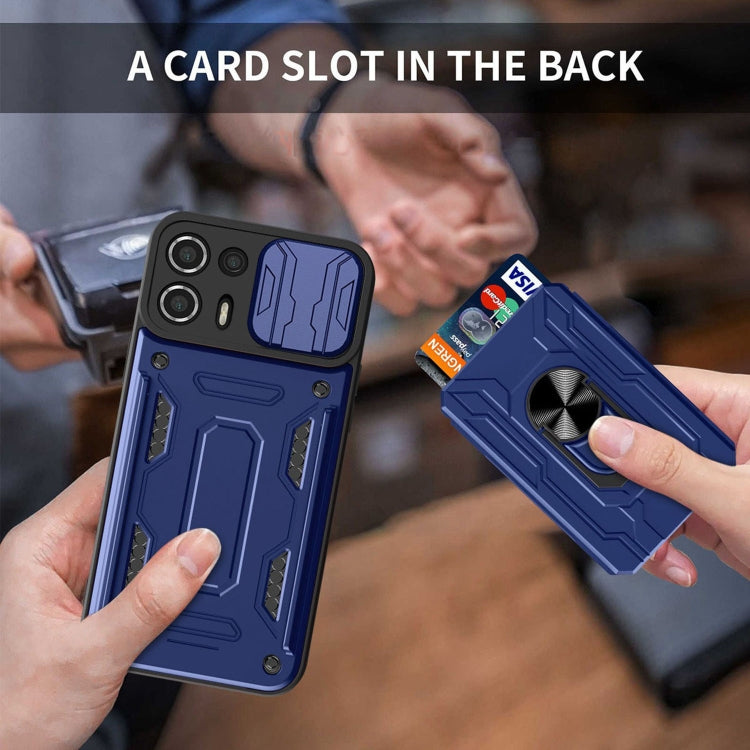Blue rugged phone case with back card slot and ring stand, card sliding into holder