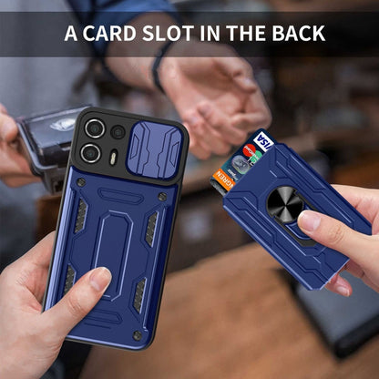 Blue rugged phone case with back card slot and ring stand, card sliding into holder