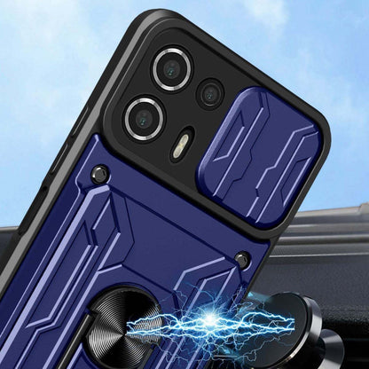 Blue rugged phone case with ring stand, textured armor pattern and raised camera bezels