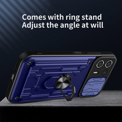 Blue phone case with ring stand and sliding card holder, rugged geometric back design