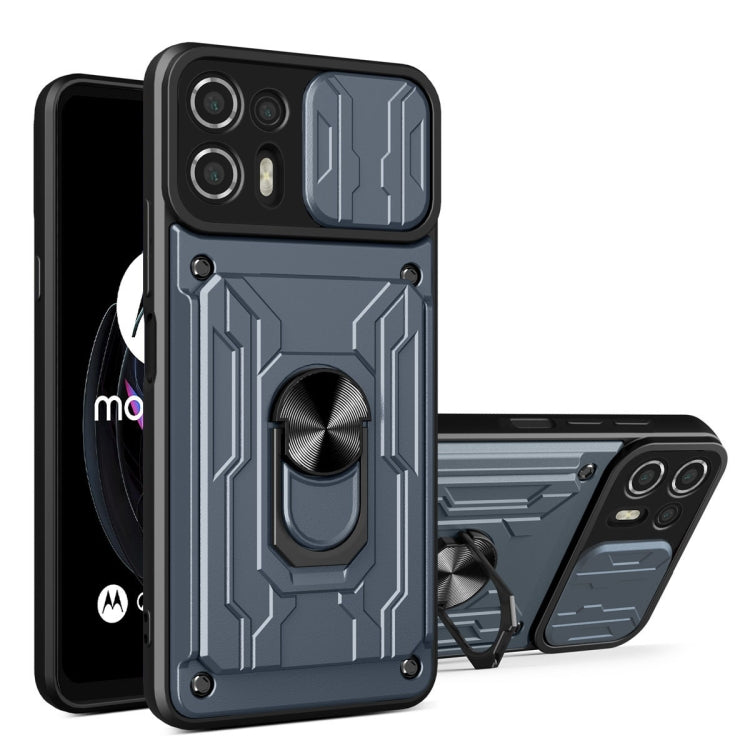 Gray rugged sliding card phone case with ring stand, armored design and camera cutouts