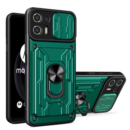 Green rugged sliding card phone case with ring stand, embossed armor pattern and camera covers