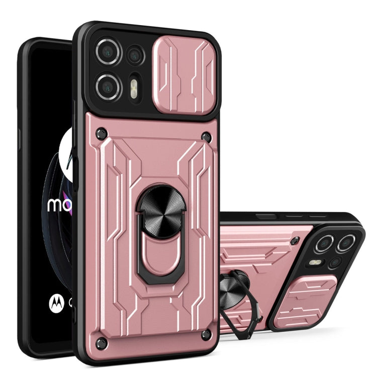 Rose pink sliding card phone case with armored pattern and ring kickstand