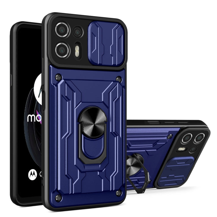 Blue sliding card phone case with geometric armor design and ring kickstand