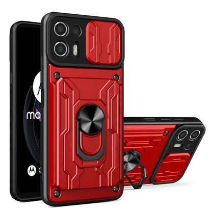 Red sliding card phone case with armored pattern and built-in ring kickstand