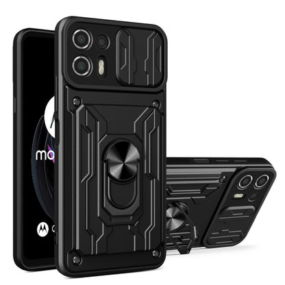 Black sliding card phone case with rugged geometric pattern and ring kickstand