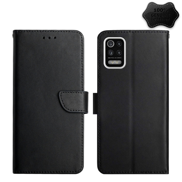 Black leather flip phone case with triple camera cutout and front pocket tab