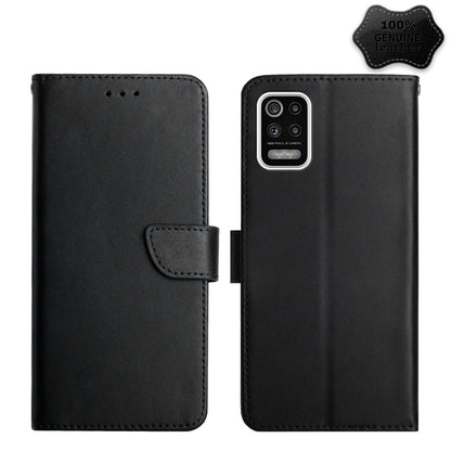 Black leather flip phone case with triple camera cutout and front pocket tab
