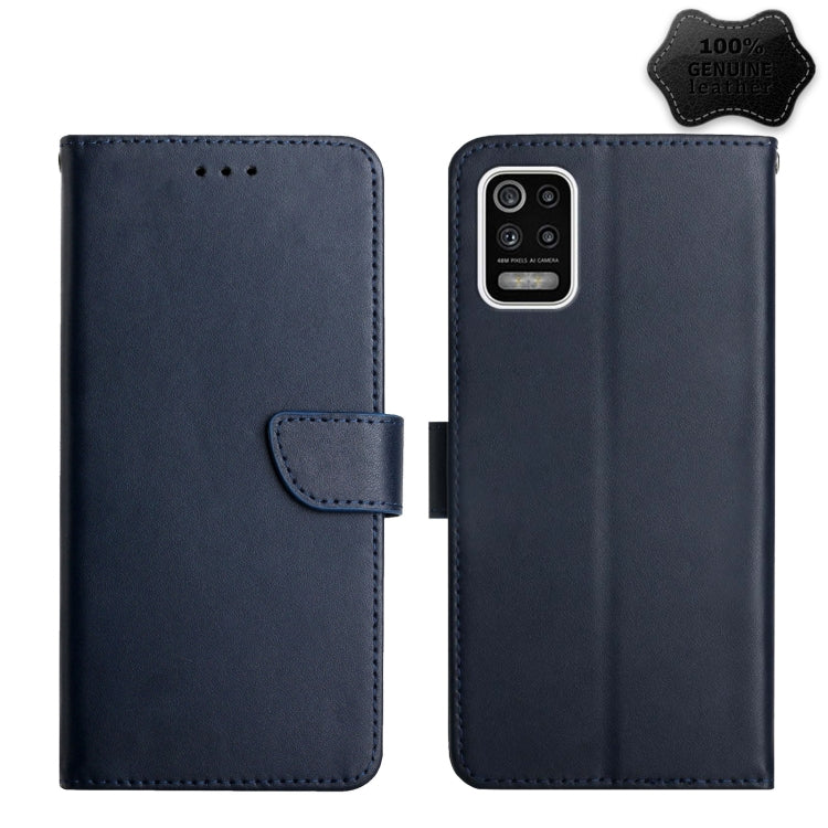 Blue leather flip phone case with triple camera cutout and front pocket tab