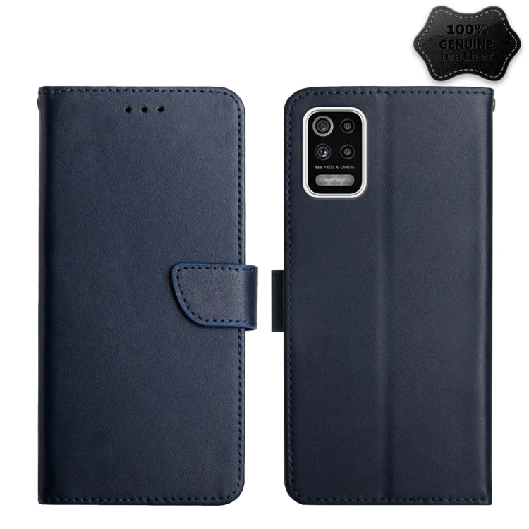 Blue genuine leather flip phone case with magnetic strap and camera cutout