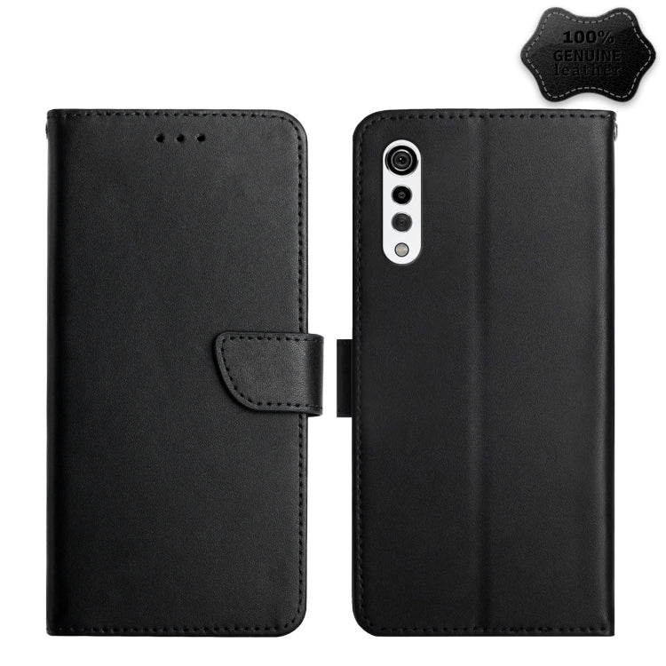 Black leather flip phone case with front camera cutout and magnetic closure tab