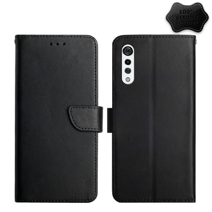 Black leather flip phone case with front camera cutout and magnetic closure tab