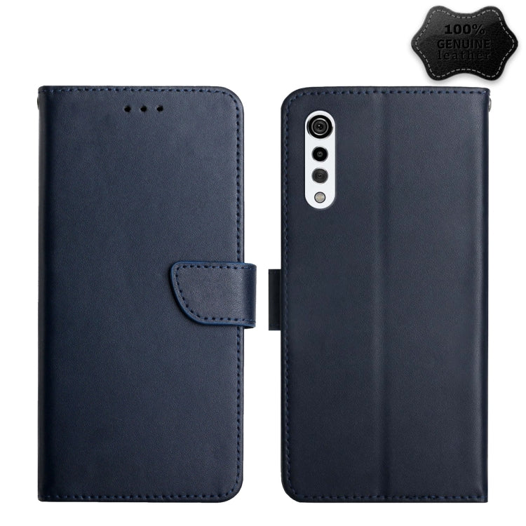 Blue leather flip phone case with front camera cutout and magnetic closure tab