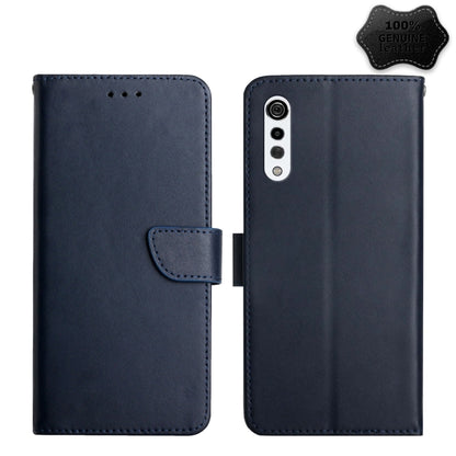 Blue leather flip phone case with front camera cutout and magnetic closure tab